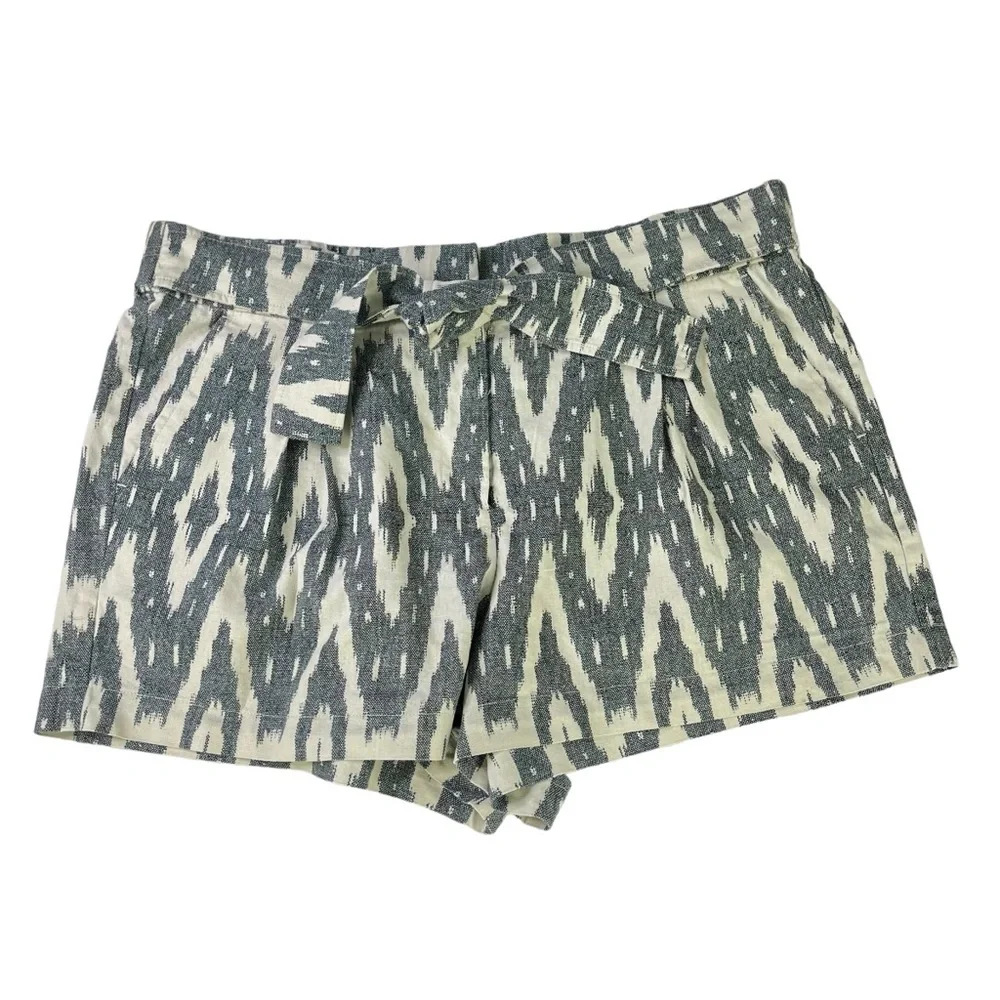 J.Crew Ikat Pleated Bow Tie Belt High Waist Gray Off White Womens Shorts Size 14